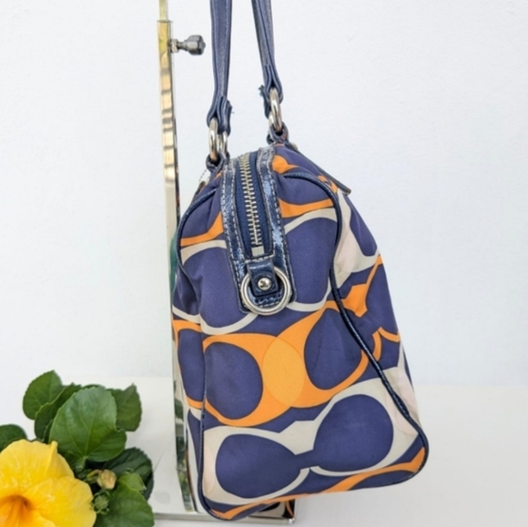 🍍Coach Signature Stripe Satchel Navy and Orange Shoulder Bag - Picture 5 of 11
